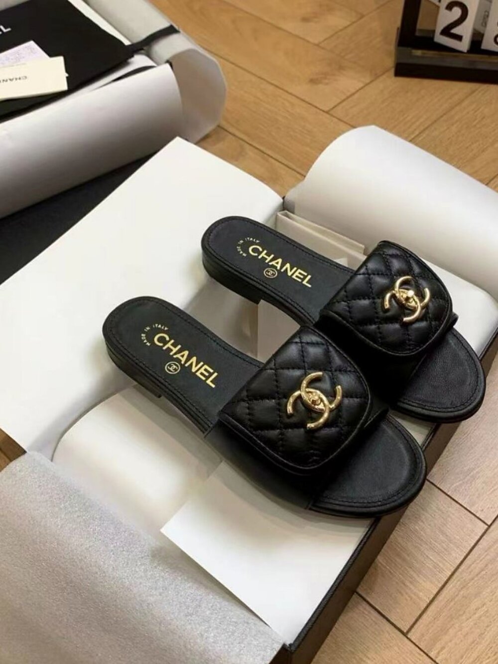 CHANEL Vintage Black Quilted Lambskin Gold Turnlock CC Slide Sandals